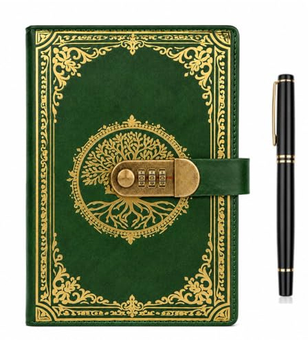 SIMDAO A5 Leather Journal with Lock, 300 Pages/100GSM Thick Lined Paper Secret Diary, Vintage Notebook with Pen, Privacy Password Journal for Men Women (Green)