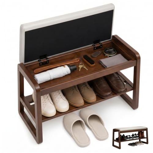 BaoBaJiu Schuhbank aus Massivholz, Sitzbank Flur mit Stauraum mit PU-Leder Sitzkissen, Schuhregal Bank, 2 Ebenen Schuhschrank Schmal für Eingangsbereich & Garderobe (Nussbaum+Graues pad, 80cm)