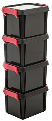 Iris Ohyama, Kunststoff-Aufbewahrungsbox, 2-Liter-Garage-Aufbewahrungsbox, 4er-Set, stapelbar, MBX-2, Schwarz, stapelbar, Verschlussklammern, B22,5 x T17 x H14,5 cm