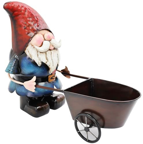 Primus Metal Gnome with Wheelbarrow Planter Garden Ornament Sculpture Gift, Hand Painted, 40 x 13 x 30cm