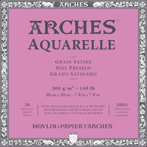 Arches Aquarelle – Block of 20 Sheets 20 x 20 cm Glued 4 Sides 300 g/m² Satin Grain, Natural White, 4 Free Edges
