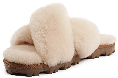 Echtes australisches Schaffell-Hausschuhe, mit Kreuzband, flauschig, für drinnen und draußen, Braun (natur), 39 EU
