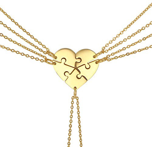 JewelryWe Schmuck Personalisierte Halskette mit Gravur, 5PCS Herz Puzzleteile Anhänger Edelstahl Familien Freunde Kette Geschenk Gold