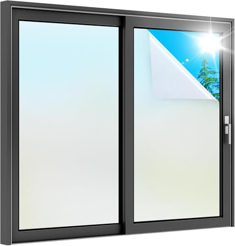rabbitgoo Fensterfolie Milchglasfolie Blickdicht Sichtschutzfolie Matt 90x300cm mit Gitterdesign für Bad Büro Wohnzimmer Selbsthaftend Selbstklebend Scheibenfolie UV Schutz Blickschutz Sichtschutz
