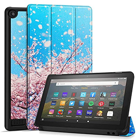 TNP Schutzhülle für Amazon Kindle Fire 7 Tablet der 9. & 7. Generation, Smart Slim PU Leder Schutzhülle mit Auto Sleep/Wake, Flip Stand f/ 7 Zoll Display 2019 2017 Release Gen (Cherry Blossom)