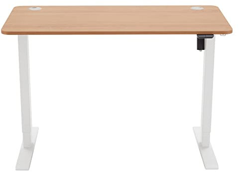 Amazon Basics Sitz-Steh-Schreibtisch, elektrisch höhenverstellbar, 120 x 60 cm, ergonomisch, mit einfacher Bedienung, Tischplatte aus Buchenholz, weißer Rahmen