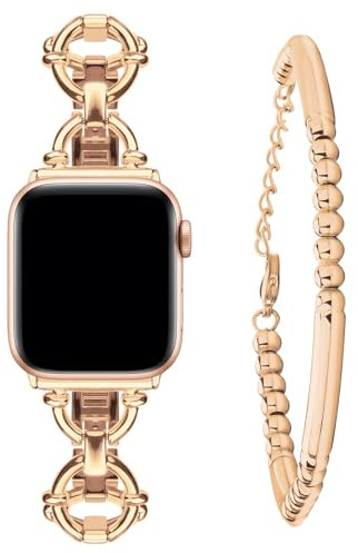 wutwuk Bracelet Apple Watch Femme Compatible avec Apple Watch 38mm/40mm/41mm iWatch SE(2)/9/8/7/6/5/4/3/2/1 & Ultra Séries Bracelet Perlé en Acier INOX pour Femme - Or Rose 38mm/40mm/41mm