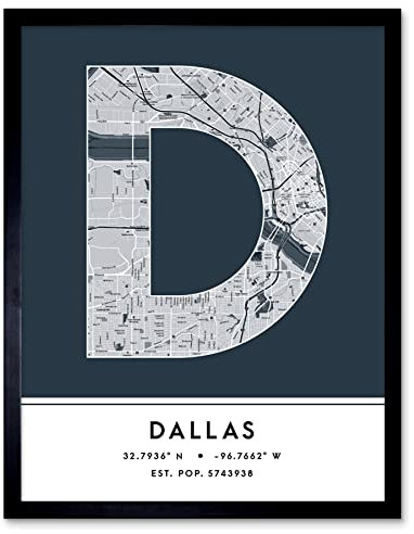 Wee Blue Coo Dallas Texas United States City Map Navy Colour Block Modern Typography Stylish Letter Framed Word Wall Art Print Poster for Home Décor CITYMAP1
