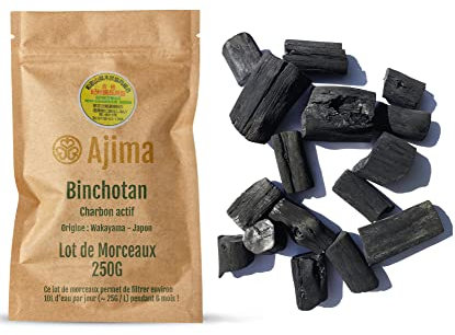 Ajima Binchotan Morceaux de Charbon Actif Bio pour Eau - Filtre à Eau 250G - Purificateur d'eau Végétal Naturel - Bois de Chêne Vert Japonais de Wakayama Certifié - Idéal pour Filtrer l'eau en Carafe