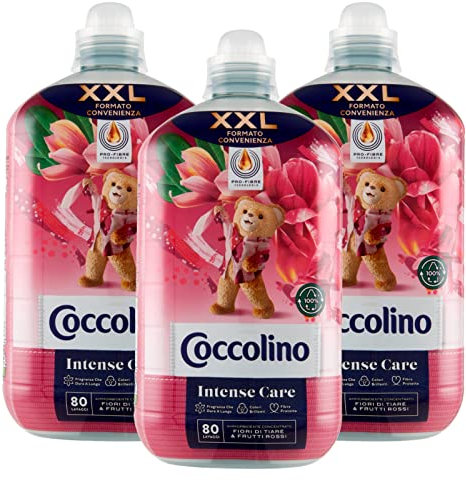 3x Coccolino Intense Care Ammorbidente Concentrato Profumo Fiori di Tiaré e Frutti Rossi - 3 Flaconi da 2 Litri Ognuno