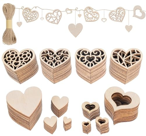 ilauke 550Pcs Wooden Hearts for Crafting, Unfinished Wooden Heart Embellishments, Mixed Small Wood Heart Slices Crafts with 20M Natural Twine for Wedding, Anniversary, Party Decoration,Christmas