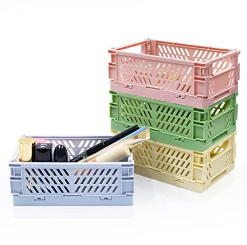 LUTAKU 4pcs Mini Foldable Desk Crates Storage Box, Plastic Stackable Table Folding Baskets , Pastel Crates for Storage for Bedroom Office Bathroom Toiletries Cosmetics (5.7x3.8x2.2 inch (Blue)