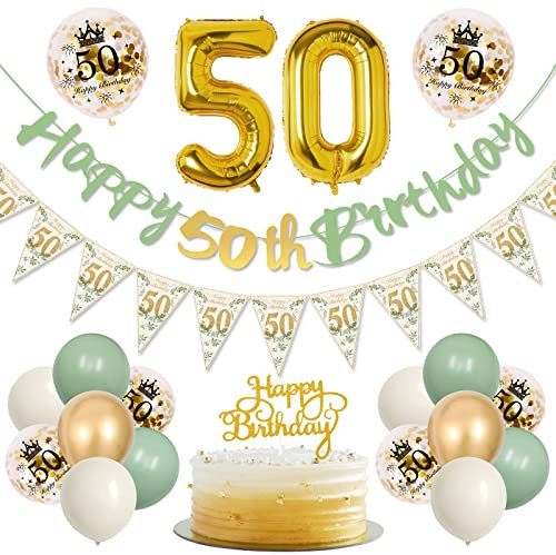 50 Geburtstagsdeko Frauen, Grün Gold Luftballon 50. Geburtstag Deko Mit Wimpelkette Banner, Geburtstagsdeko 50 Happy Birthday Banner für Frauen Mann 50. Geburtstagsdeko