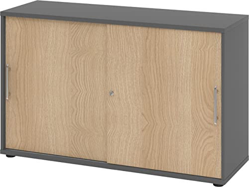bümö Schiebetürenschrank 2OH - Aktenschrank abschließbar, Sideboard Schrank mit Schiebetüren in Graphit/Eiche, Relinggriff - Büroschrank aus Holz mit Schiebetür, Büro Kommode für Ordner & Co.