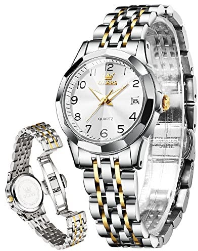 OLEVS Damenuhren Leicht zu lesen Armbanduhr mit Kleines Gesicht Gold Silber Edelstahlband Leuchtend wasserdichte Kalender Luxus Armbanduhr