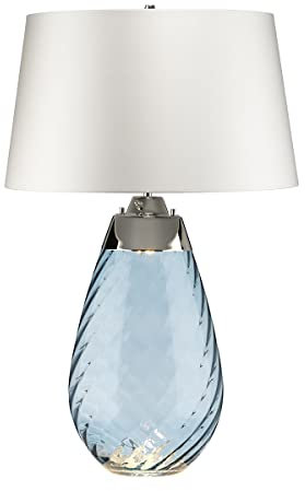 Elstead Lena Grande lampe de table bleue à 2 lumières avec abat-jour blanc cassé, verre teinté bleu, abat-jour blanc cassé, E27