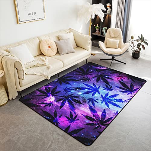 Loussiesd Marihuana Weed Teppich Galaxie Cannabis Blätter Modern Teppich 150x200cm Starry Sky Weed Weich Teppich rutschfeste Plüsch Fußmatten Runner Teppich Wetterfest Dekor für Küche und Balkon