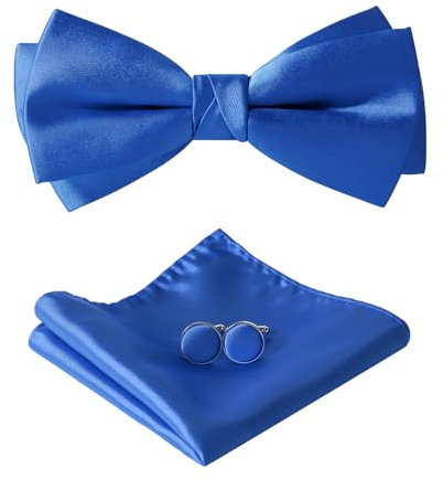 HOULIFE Fliege Herren Set - Verstellbare Fliege aus Satin Polyester Vorgebunden Fliege, einfarbige Einstecktuch, Manschettenknöpfe Set für Bräutigam Hochzeit formal mit Geschenkbox (Königsblau)