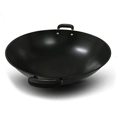 OQHAIR Wok en Fer Fait à la Main, Wok antiadhésif, Woks en Fonte avec poignée en Caoutchouc Anti-brûlure, 38 cm (38 cm)
