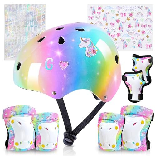 Conjuntos de Patinajes Niños, Unicorn Castle Protecciones Patines Niña con Pegatinas Ajustables Rodilleras y Coderas para Skate Bicicleta Monopatín Deporte