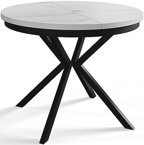 AlpiMeble Runder Esszimmertisch BERGO, ausziehbarer Tisch Durchmesser: 90 cm/170 cm, Wohnzimmertisch Farbe: Marmur, mit Metallbeinen in Farbe Schwarz