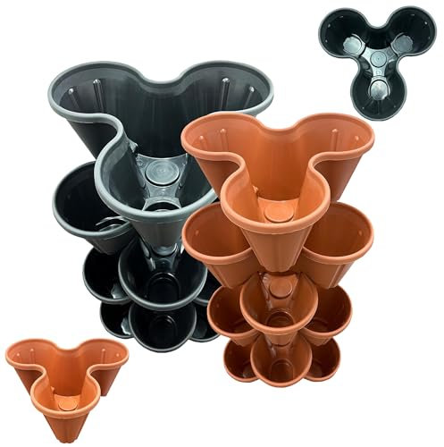 Interconnecting Black & Terracotta Trio Strawberry Planters Stackable Lightweight Garden Plant Pots (TERRACOTTA, 9 Strawberry Planters (Trio 3 Pot))