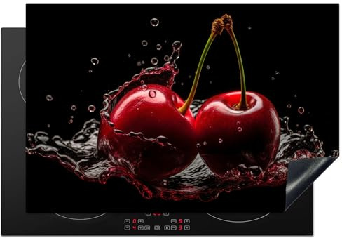KitchenYeah© Protection Pour Plaque Induction Deco Cuisine Protégé Cache De | 77x51 cm - Cuisson Vitroceramique Cerises - Rouge - Fruit - Eau - Noir
