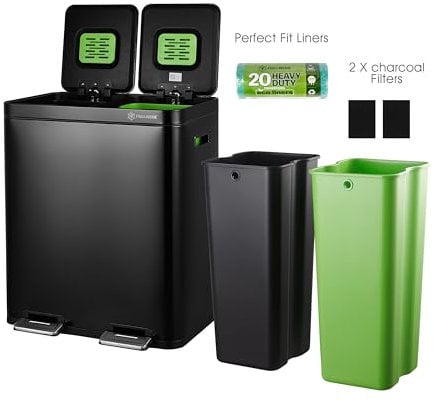 Fox & Webb - Dual Rubbish Bin for Kitchen, 60L, Recycling Bin, 2 x 30L Removable Inner Buckets, Pedal Bin, Soft Close, Black, 2 x Free Carbon Filters