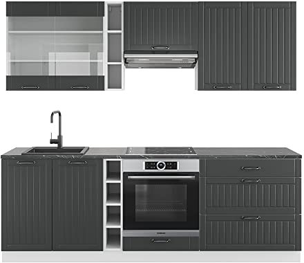 Vicco Küchenzeile Fame-Line, Anthrazit Landhaus/Weiß, 235 cm, AP Anthrazit