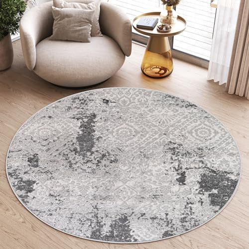 TAPISO Sky Rund Teppich Kurzflor Grau Beige Modern Meliert 200 x 200 cm | Verwischt Design Wohnzimmer Schlafzimmer 3D Optik Abstrakt oeko-tex