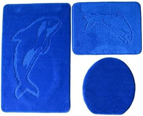 Ilkadim Export 3-teiliges Badset Gökyildiz Delphin einfarbig, Badteppich 55x85cm, WC-Vorleger rechteckig für Hänge-WC (Royalblau)