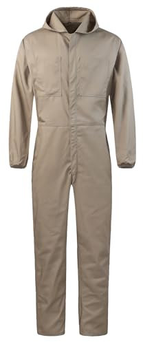 Yukirtiq Men's Lightweight Hooded Overall Hard Wearing Solid Color Mechanics Boiler Suit Workwear Hooded Boilersuit Coverall, Khaki, XL