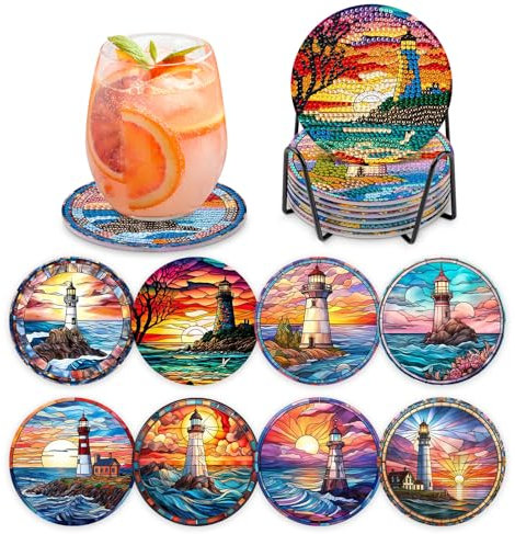 MOGTAA 8 STK Diamond Painting Untersetzer mit Halter, Diamond Painting Leuchtturm, Diamant Malerei Set Bilder Erwachsene Kinder, DIY Diamant Tassenuntersetzer mit Kork, für Home Dekor