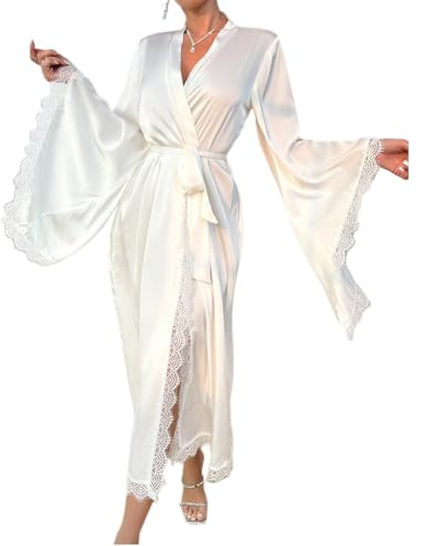 WADAYUYU Satin Bridal Robe for Women White Long Lace Trim Kimono Sleeve Wedding Getting Ready Robe Lightweight Spa Bathrobe Nightwear L
