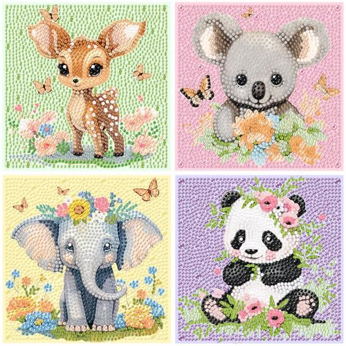 luckyarina 4 Stück Tier Diamond Painting Kinder,Diamond Painting Bilder Tiere,Tiere Diamond Painting Kinder ab 4 6 8 10 Jahreals Geschenk für Home Wand Décor (15X15 cm)
