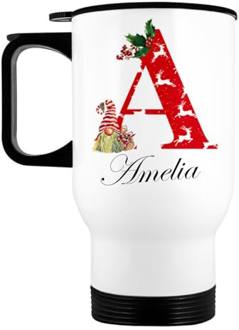 EKAM Personalised Christmas Initial Travel Mug - Customise with Initial and Name, 14oz Stainless Steel Insulated Travel Tea/Coffee Mug, Customise Gift for Family, Friends, Mum, Dad, Kids