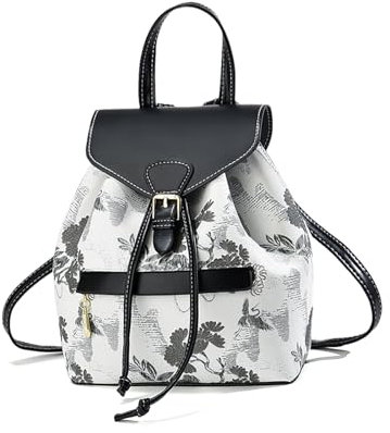 NICOLE & DORIS Mini Rucksack Damen Blumen Rucksack Damen Klein Elegant Cityrucksack Daypack PU Leder Rucksäcke Süß Mädchen Anti Diebstahl Rucksack mit Klappe Schwarz