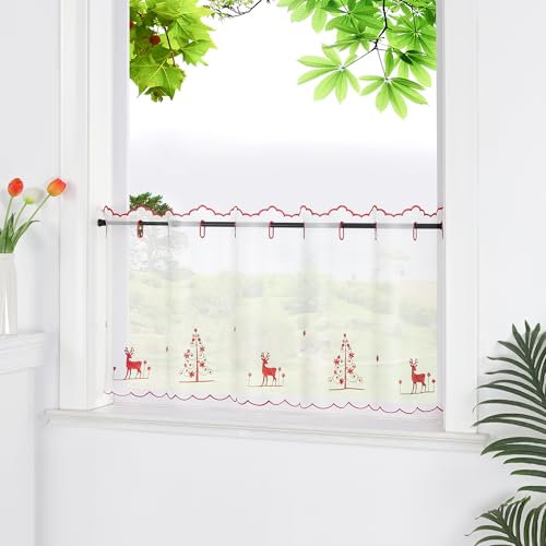 HeichkelL Voile Scheibengardine Transparente Gardine Weihnachten Kurzstores mit Stickerei Bistrogardine mit Rentier und Weihnachtsbaum Rot HxB 45x140 cm