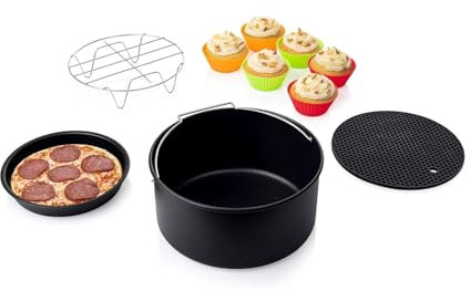 Wintem Set 10 Accessori per Friggitrice ad Aria Rotonda con Teglia e Casseruola in Metallo, 6 Stampi in Silicone e Tappetino - Ideale e Adattabile a Diverse Misure di Friggitrici - Facili da Lavare