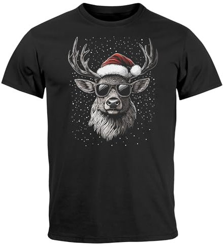 MoonWorks® Herren T-Shirt Weihnachten Rentier Hirsch Elch mit Weihnachtsmütze Xmas Printshirt Schwarz 4XL