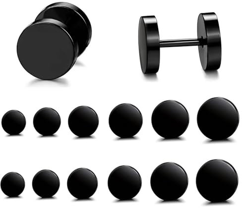Fhioevt 6 Paires Boucles d'Oreilles Noir Clous d'oreille Plat Rondes Boucle d'oreille Homme Boucle d'oreille en Acier Inoxydable Unisexe Boucles d'oreilles pour Hommes et Femmes (3mm-8mm)