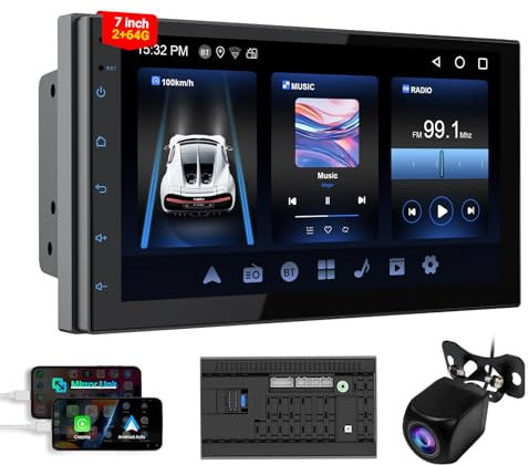 Estéreo inalámbrico para coche de 7 pulgadas con Carplay inalámbrico y Android Auto, enlace espejo, 2G + 32G, pantalla táctil G+G, Bluetooth, navegación GPS, radio FM/AM, cámara de copia de seguridad
