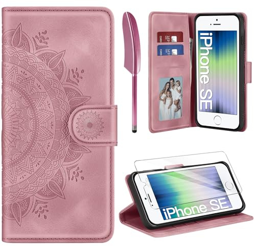 ivencase für iPhone SE 2022/2020 iPhone 8/7 Hülle und Schutzfolie, Rosa | Premium Klappbar Handyhülle, Magnet, Kartenfach, Ständer, PU Leder, Flip Wallet Schutzhülle