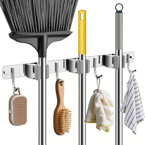 Housolution 3 Racks and 4 Hooks Mop and Broom Holder Wall Mount, Stainless Steel Utility Hooks, Self Adhesive Wall Hangers Heavy Duty Laundry Organizer Tool Rack for Home, Garage, Garden, Kitchen