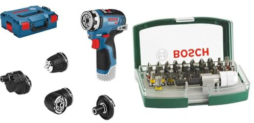 Bosch Professional 12V System GSR 12V-35 FC Cordless Drill/Driver (incl. 4 FlexiClick adapters, Without Battery/Charger) + 32pc. Screwdriver Bit Set (PH-, PZ-, Hex-, T-, TH-, S-Bit, Accessories)
