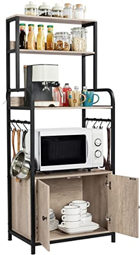 Yaheetech Industrial Kitchen Baker's Rack, Coffee Bar, Microwave Stand with 1 Cabinet, 3 Storage Shelves and 8 S-Hooks, Steel Frame, 60×40×149cm, Gray