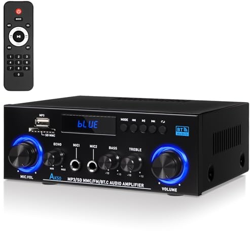 Amplificatore Audio Stereo 2.0 Bluetooth 5.3 con Radio FM e Microfono | 1000W Potenza di Picco (50W+50W RMS) | ECO BASS TREBLE | Compatibile con TV Smartphone Auto PC | Karaoke Casa e Viaggio