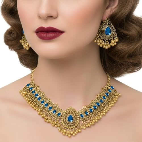 VLYX Conjunto de joyería tradicional india mujer: collar y pendientes Jhumka. Estilo étnico bohemio, ideal para bodas, fiestas y eventos festivos.