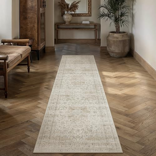 HUGEAR Vintage Teppich Läufer Flur 80x300cm Beige Waschbar | Waschbarer Teppich, Rutschfest Weich, Kurzflor Retro, für Vorzimmer, Schlafzimmer Küche, Brücken Hallway, Carpet