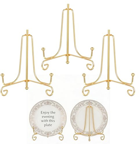 Matwsec 3 Pcs Gold Plate Stand for Display, 4 Inch Iron Plate Holder | Mini Easel Stand for Small Plates, Cards and Signs, Tabletop Photo Frames, Home Office Decor